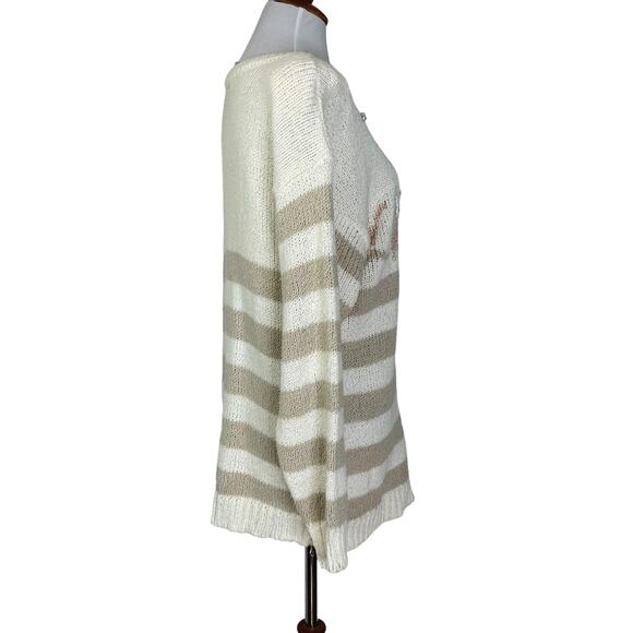 Vintage 1980s Beldoch Popper Cream Ivory Striped Acrylic Embellished Sweater M - Picture 5 of 8